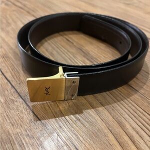 Yves Saint Laurent Black Leather Belt with Gold Buckle